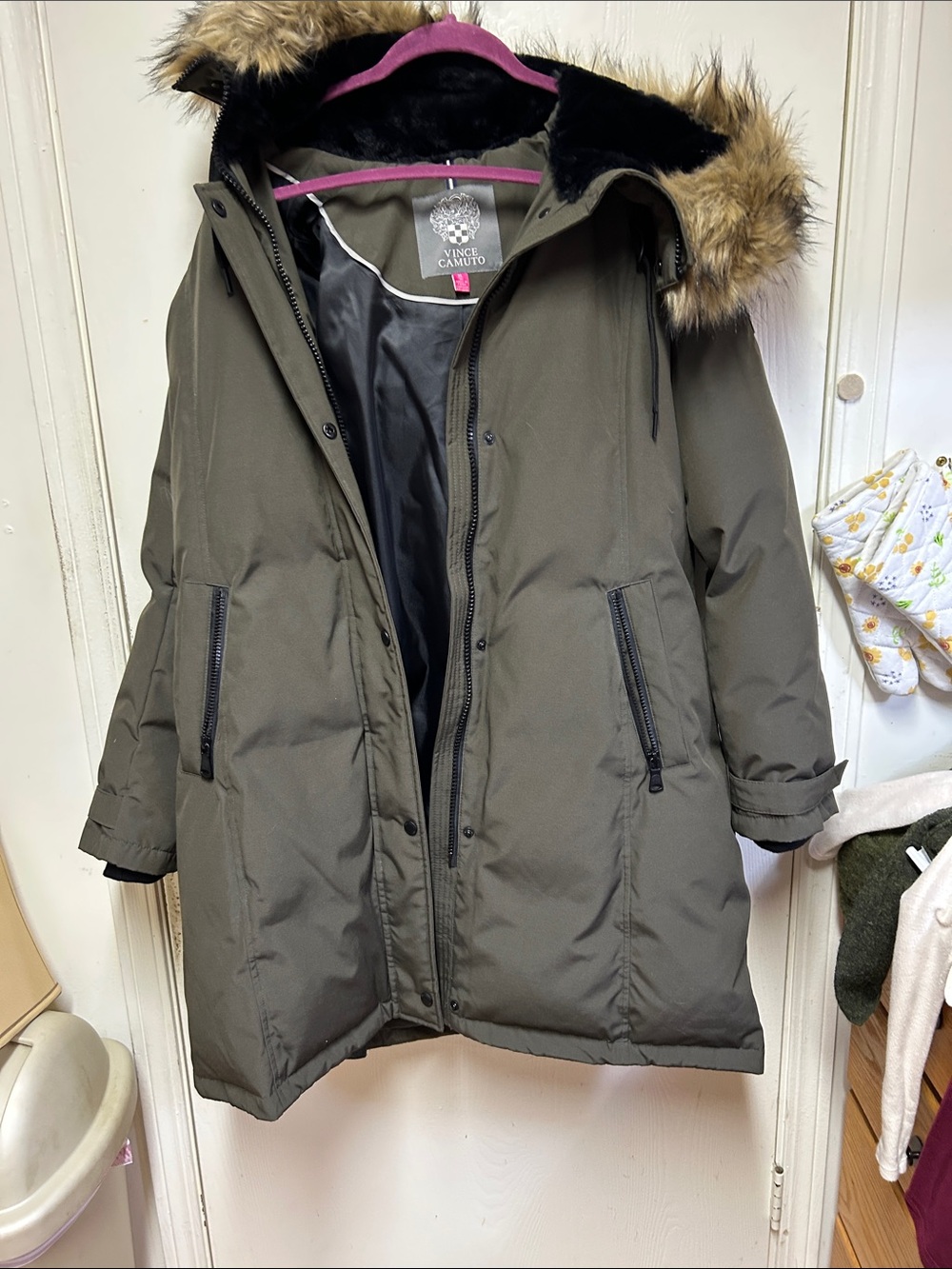 Vince Camuto Olive Green Faux-Fur Trim Puffer Parka